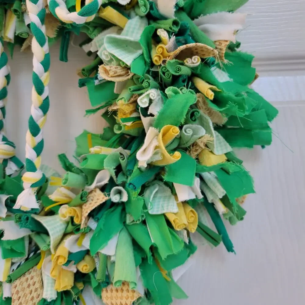 Handcrafted Upcycled Small Spring Fabric Wreath Green, Yellow, White, 14